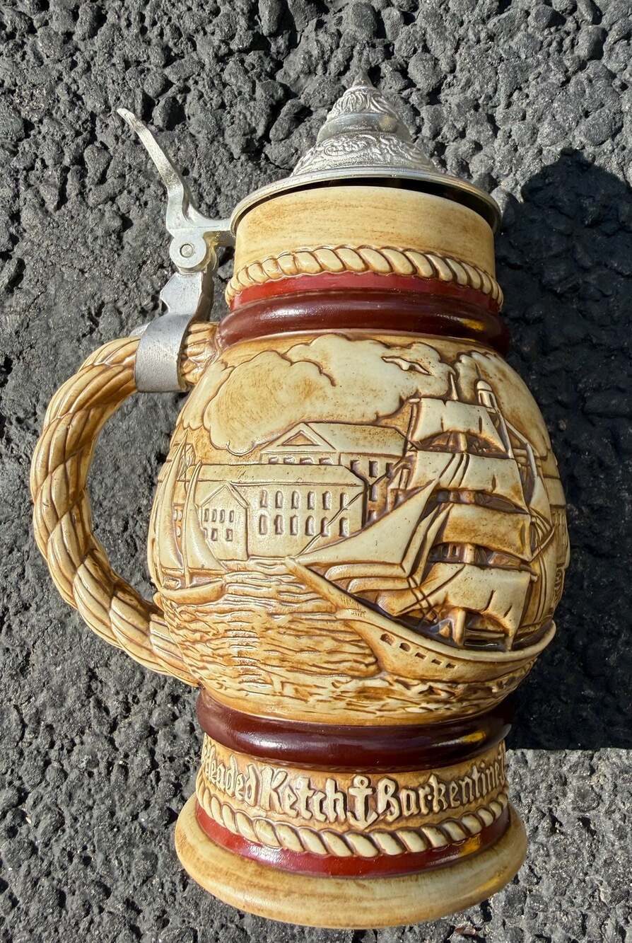 Vintage 1977 Avon Tall Ships Ceramic Beer Stein with Metal Lid, Ceramarte Brazil